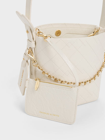 CHARLES & KEITH New / Duo Quilted Chain Bucket Bag - Cream