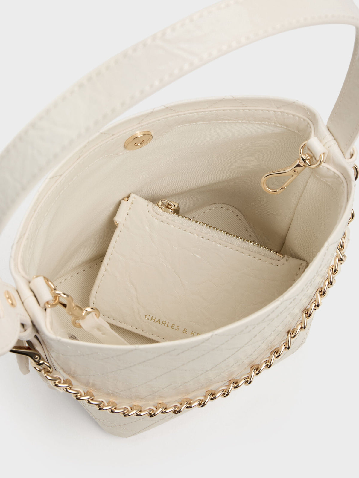 CHARLES & KEITH New / Duo Quilted Chain Bucket Bag - Cream