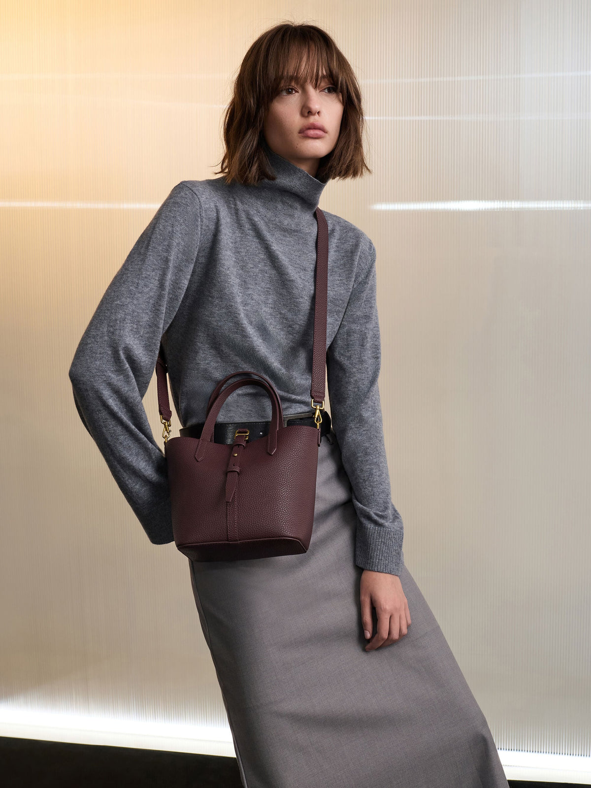 CHARLES & KEITH New / Beryl Belted Bucket Bag - Wineberry Red