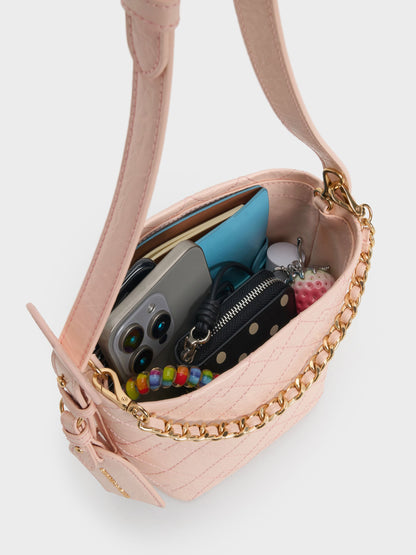 CHARLES & KEITH Quality / Duo Quilted Chain Bucket Bag - Soft Pink