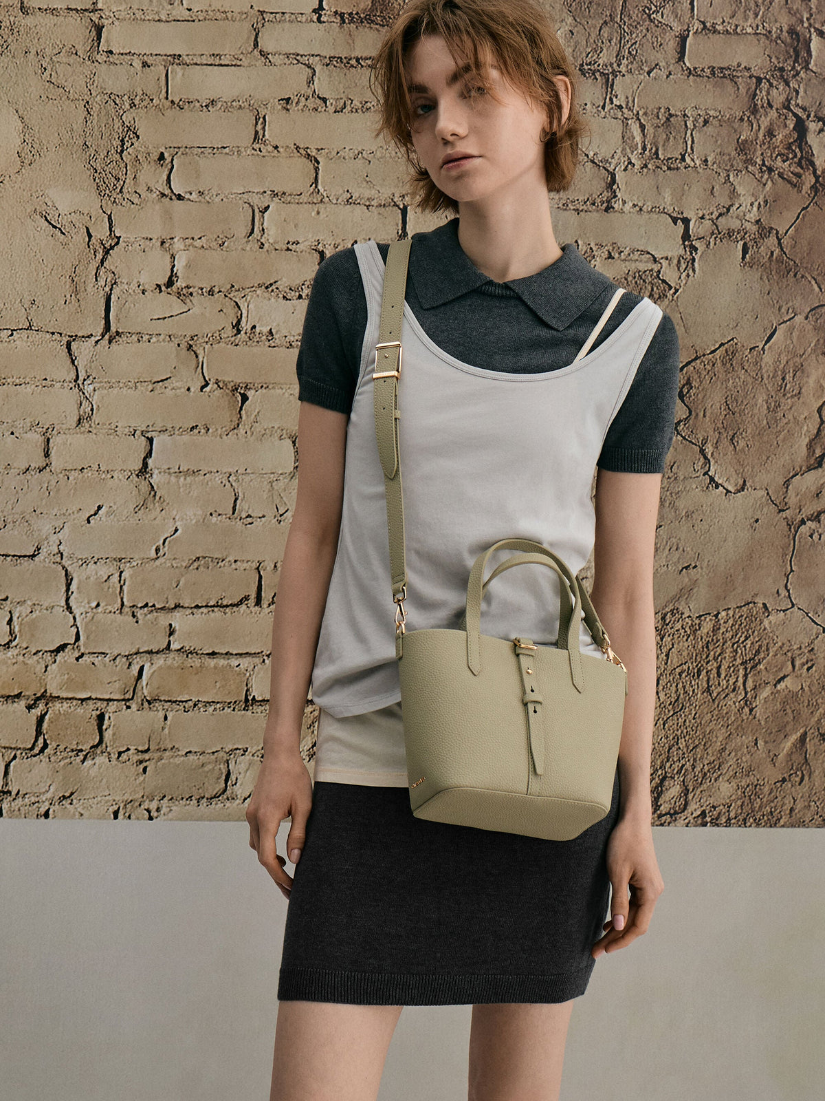 CHARLES & KEITH Deals / Beryl Belted Bucket Bag - Pale Olive