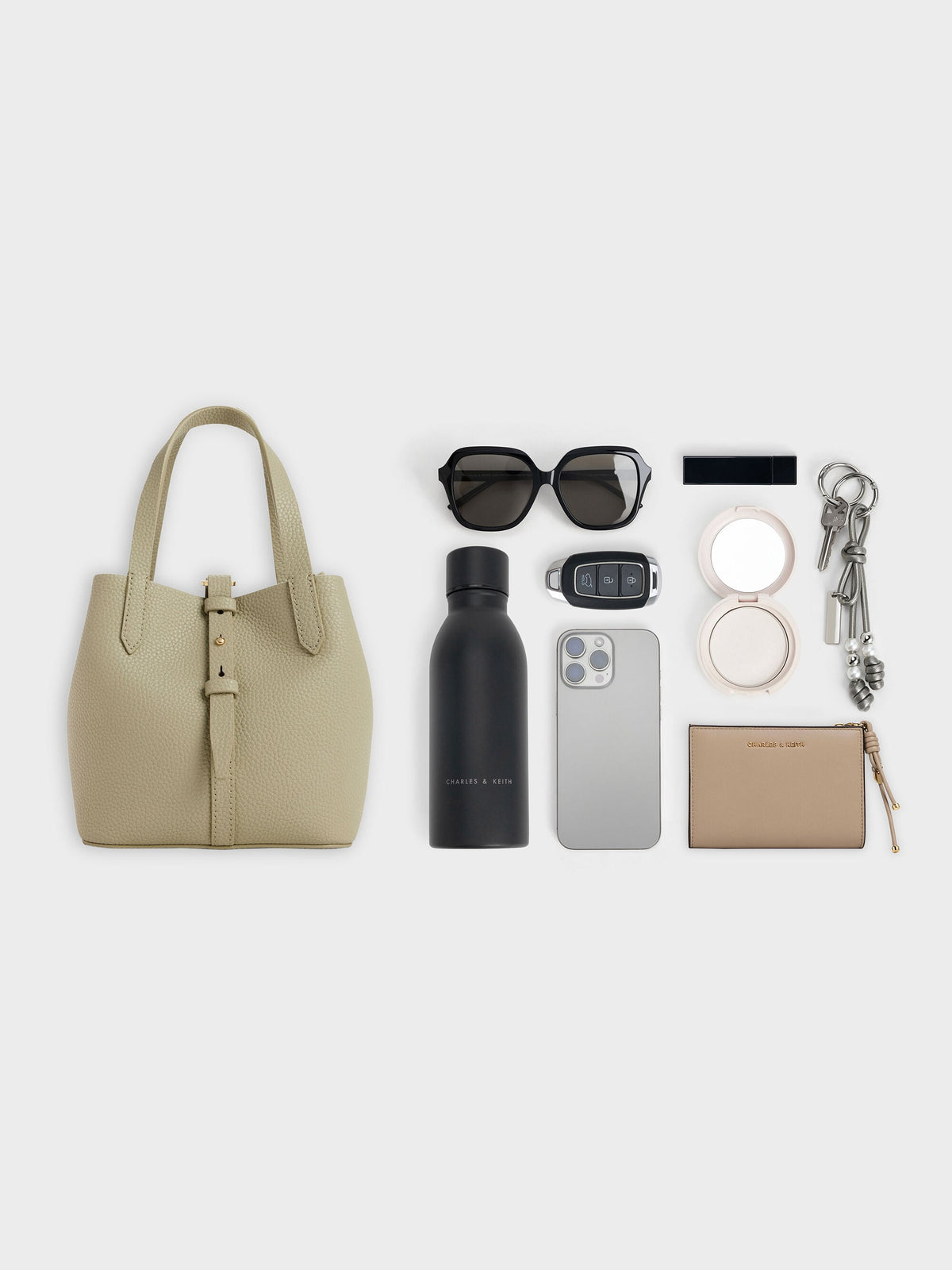 CHARLES & KEITH Deals / Beryl Belted Bucket Bag - Pale Olive