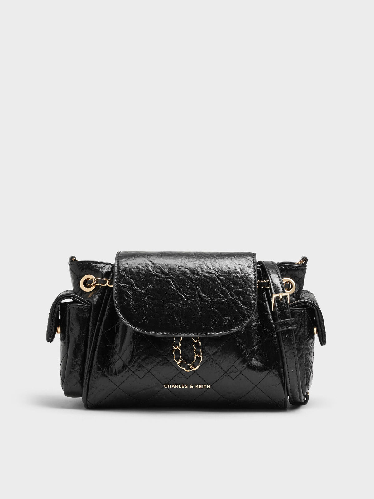 CHARLES & KEITH Customer Favorite / Duo Quilted Two-Way Front Flap Backpack - Black