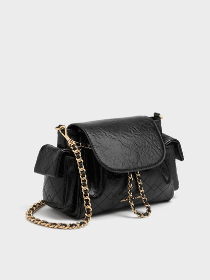 CHARLES & KEITH Customer Favorite / Duo Quilted Two-Way Front Flap Backpack - Black