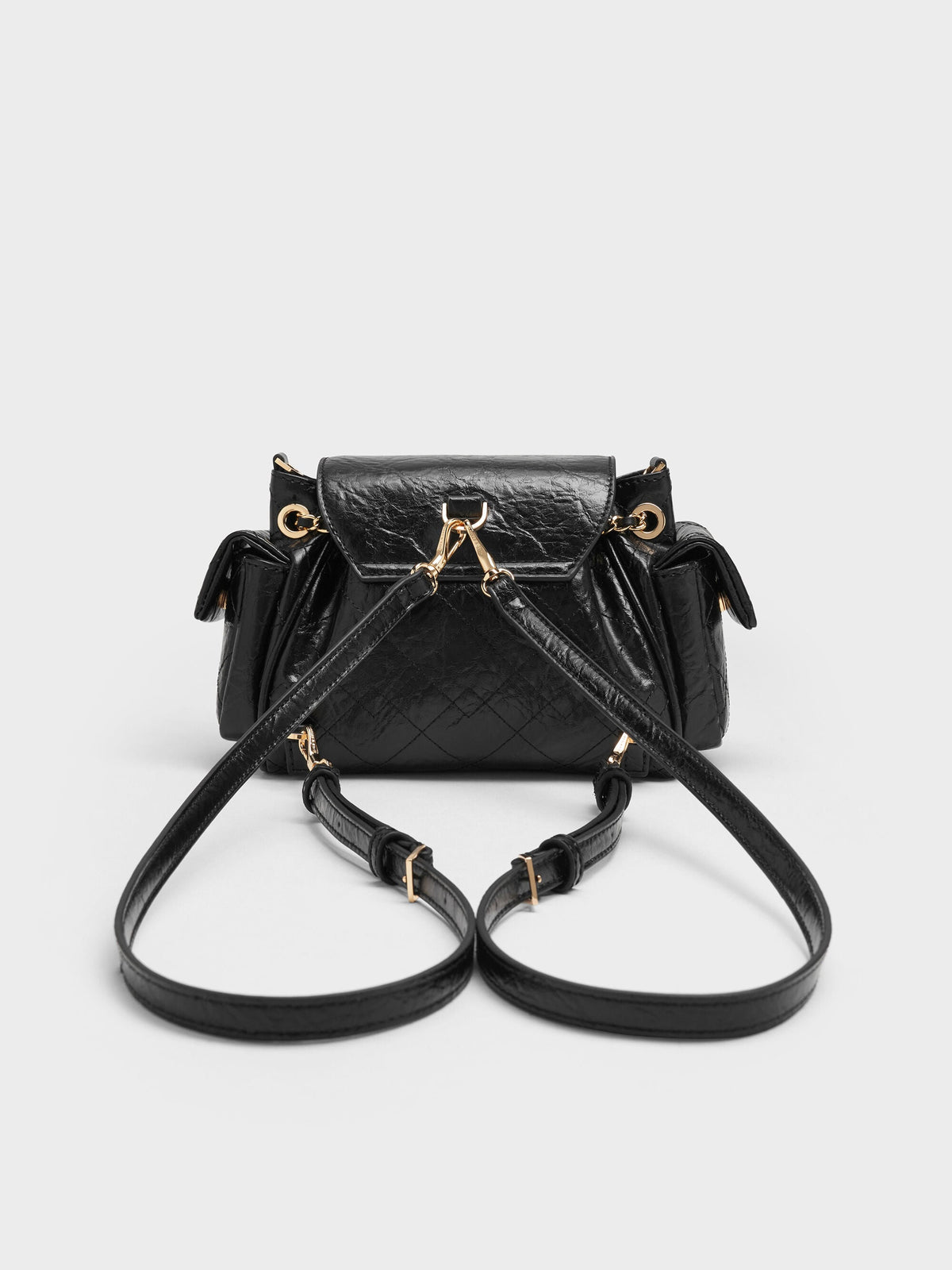 CHARLES & KEITH Customer Favorite / Duo Quilted Two-Way Front Flap Backpack - Black