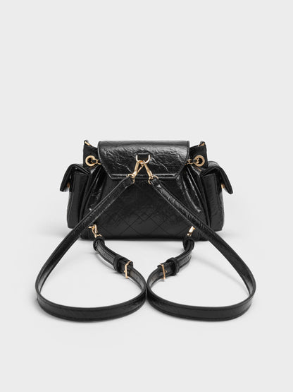 CHARLES & KEITH Customer Favorite / Duo Quilted Two-Way Front Flap Backpack - Black