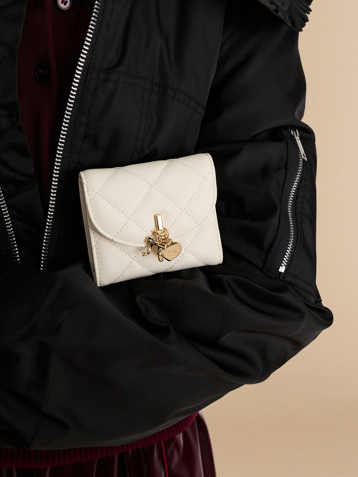 CHARLES & KEITH Premium / Arrietty Quilted Curved-Flap Wallet - Cream