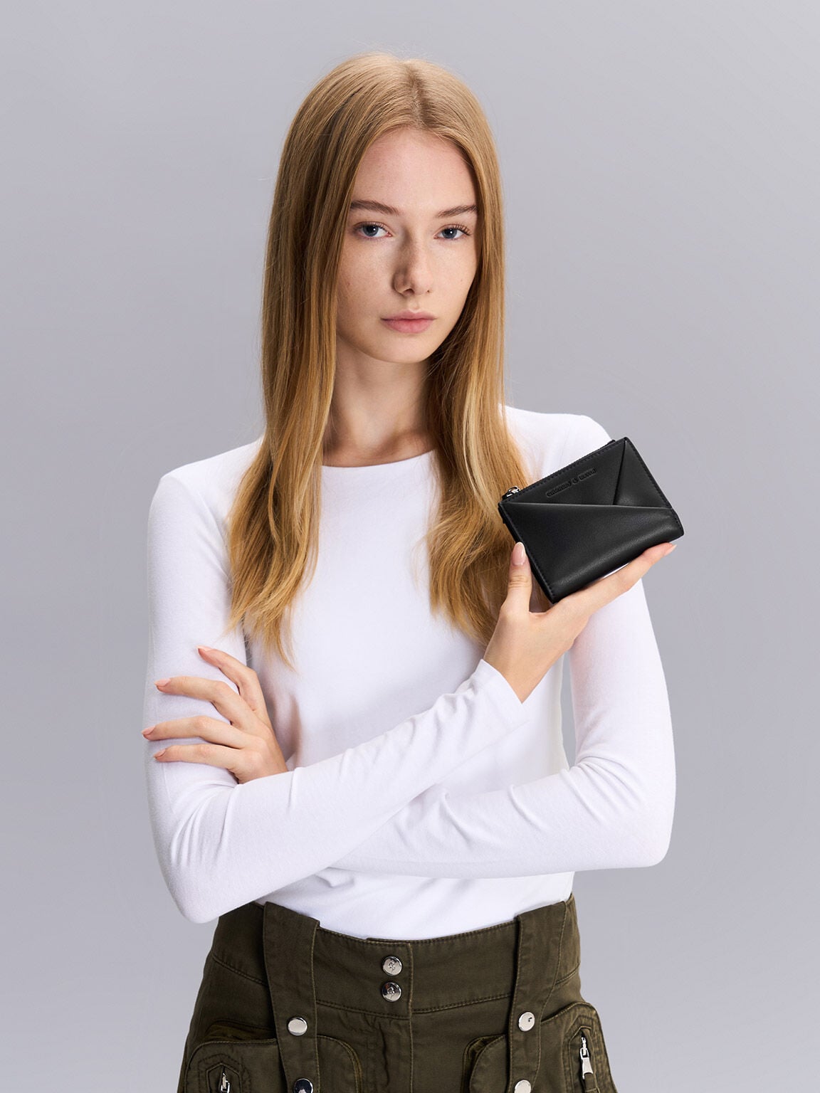 CHARLES & KEITH Essential / Midori Geometric Top-Zip Wallet - Noir