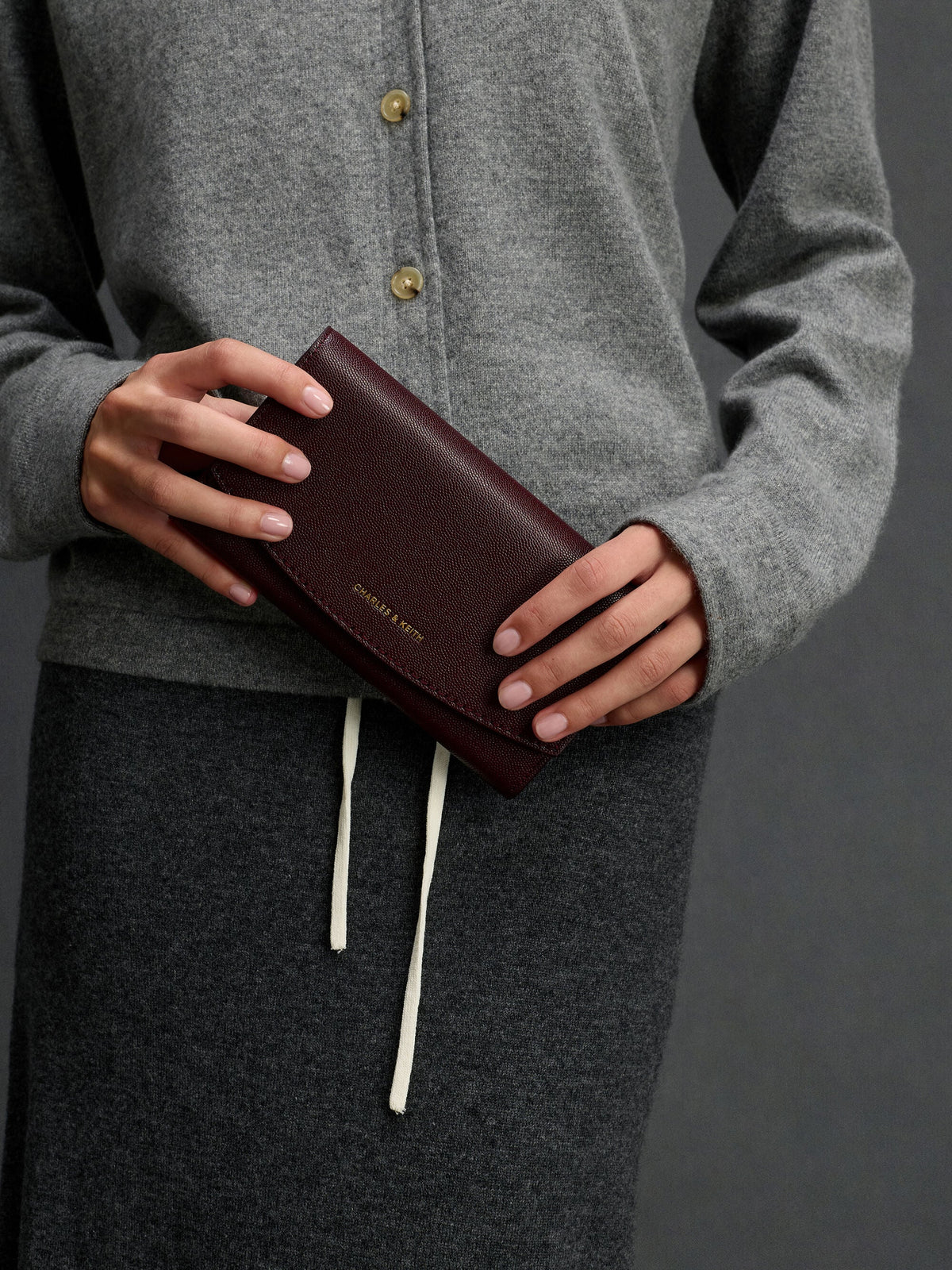 CHARLES & KEITH Best Seller / Briony Curved Flap Long Wallet - Wineberry Red