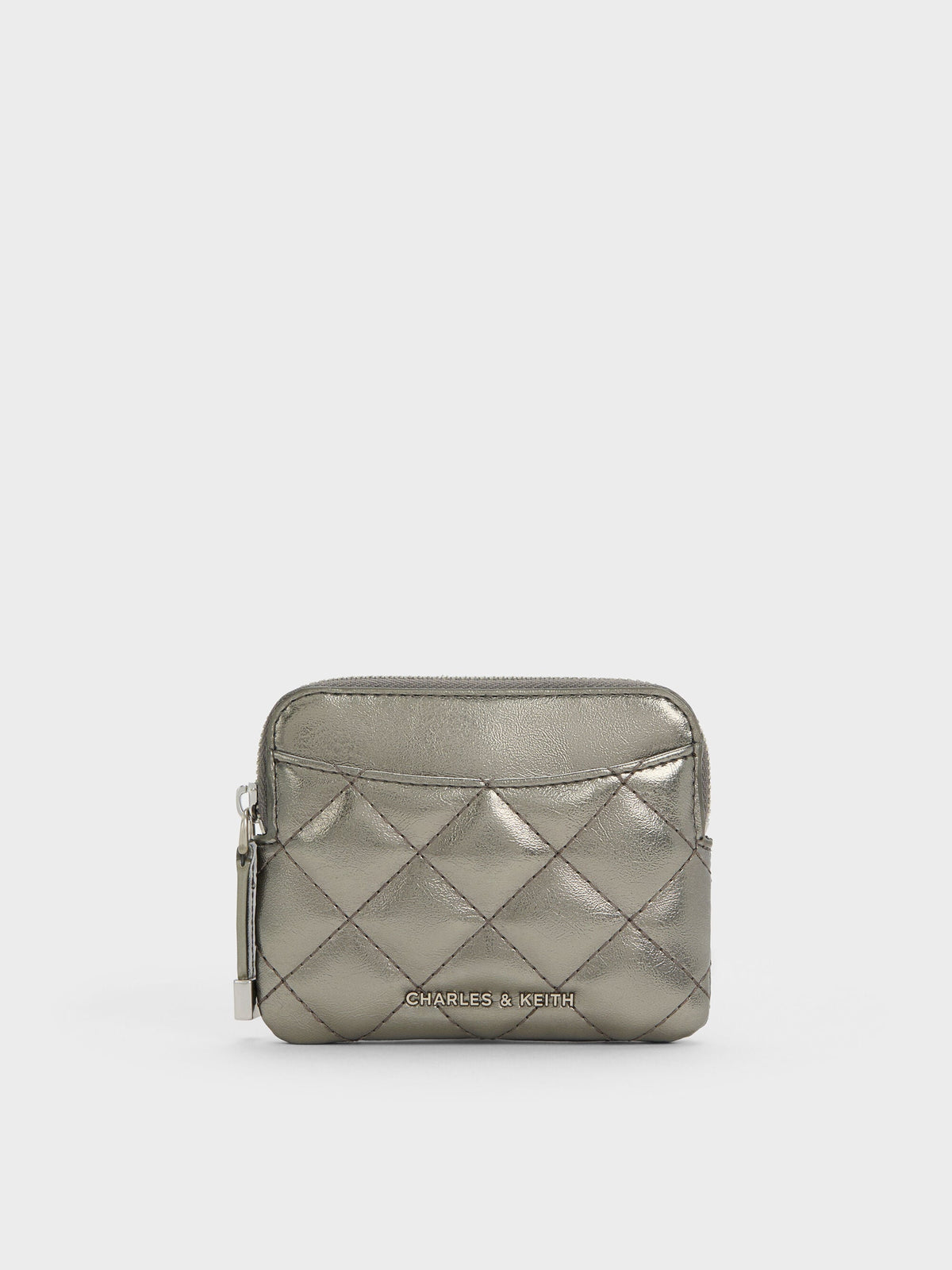 CHARLES & KEITH Premium / Alva Metallic Quilted Top-Zip Card Holder - Pewter