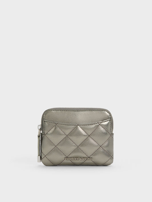 CHARLES & KEITH Premium / Alva Metallic Quilted Top-Zip Card Holder - Pewter