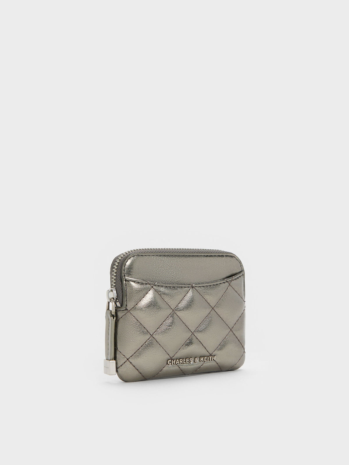 CHARLES & KEITH Premium / Alva Metallic Quilted Top-Zip Card Holder - Pewter