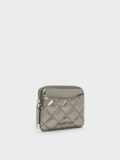 CHARLES & KEITH Premium / Alva Metallic Quilted Top-Zip Card Holder - Pewter