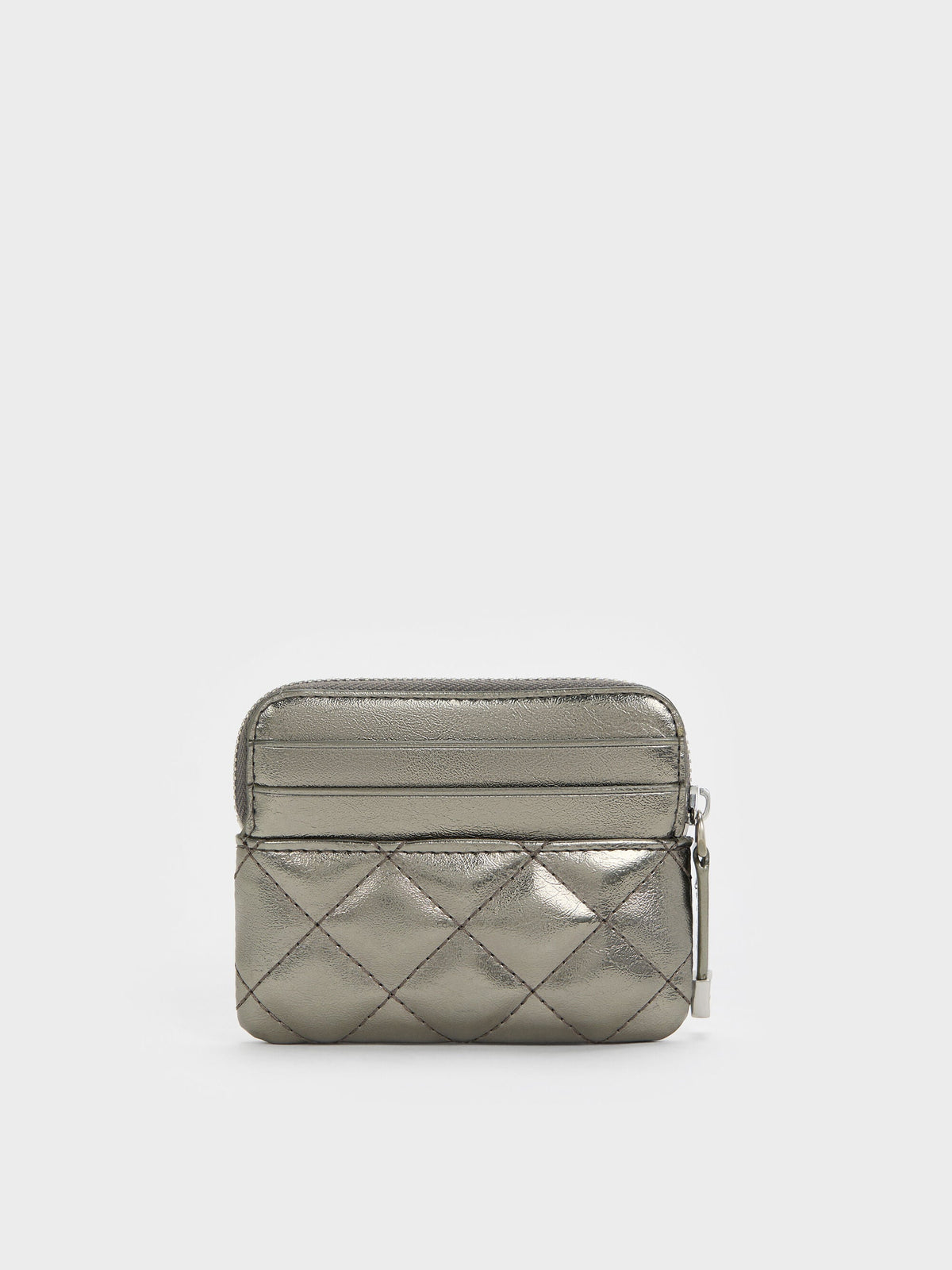 CHARLES & KEITH Premium / Alva Metallic Quilted Top-Zip Card Holder - Pewter