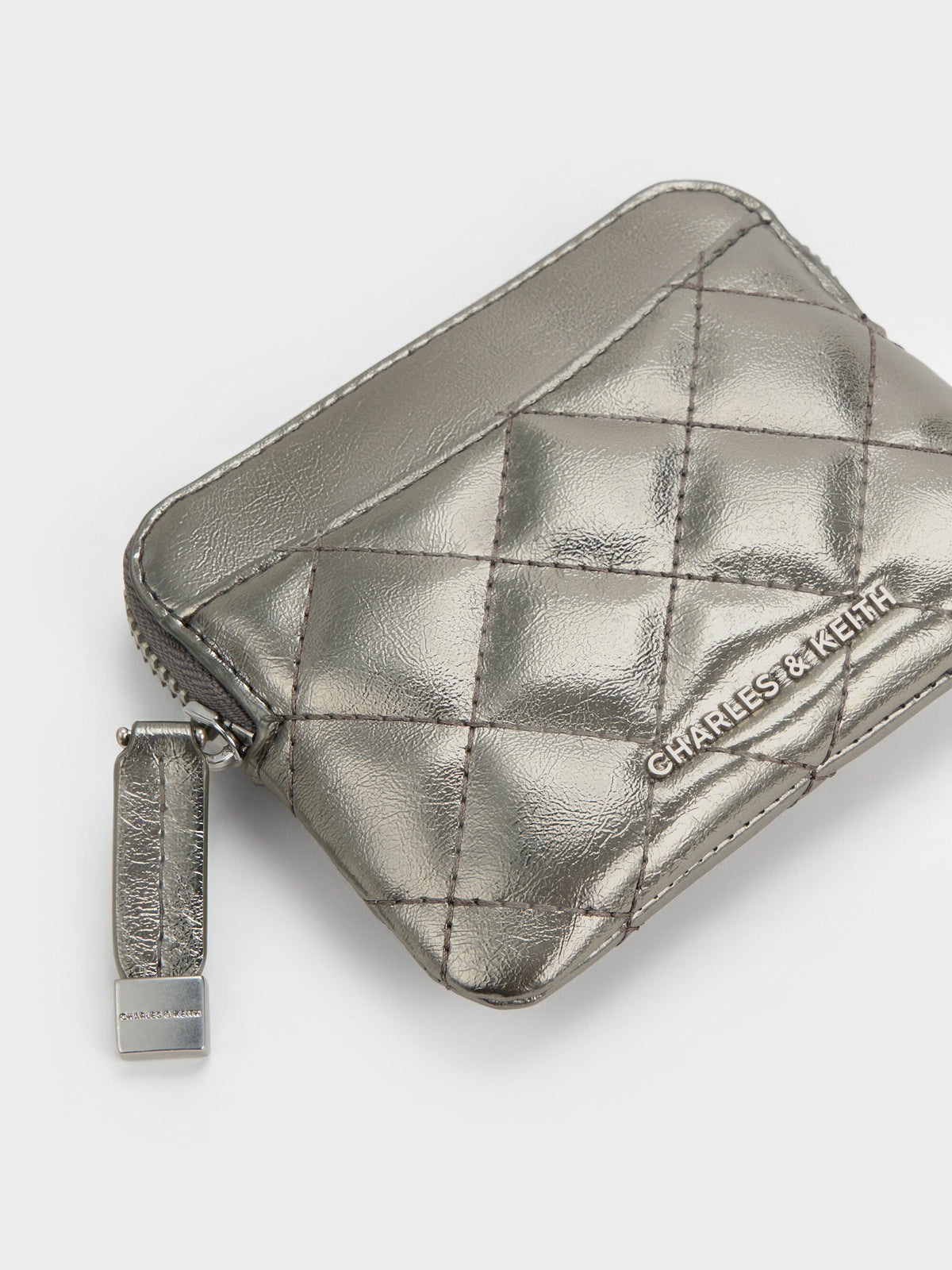 CHARLES & KEITH Premium / Alva Metallic Quilted Top-Zip Card Holder - Pewter