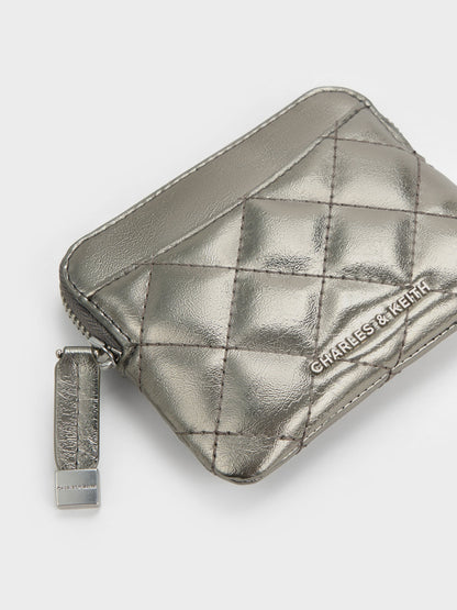 CHARLES & KEITH Premium / Alva Metallic Quilted Top-Zip Card Holder - Pewter