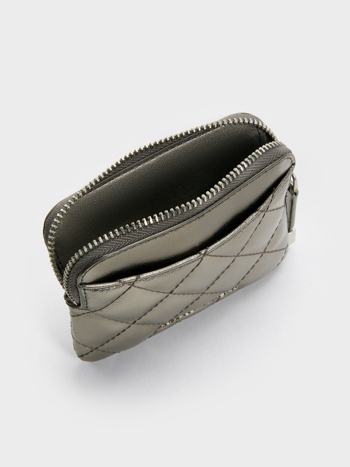 CHARLES & KEITH Premium / Alva Metallic Quilted Top-Zip Card Holder - Pewter
