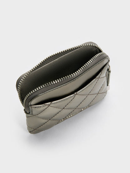 CHARLES & KEITH Premium / Alva Metallic Quilted Top-Zip Card Holder - Pewter
