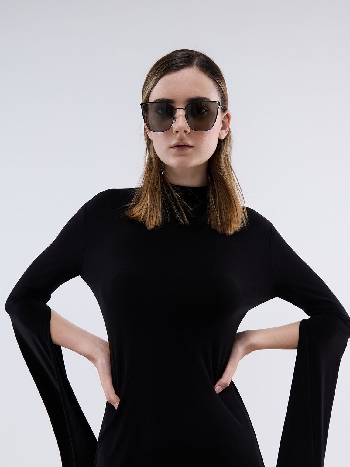 CHARLES & KEITH Smart Buy / Shea Metallic-Rim Square Sunglasses - Black